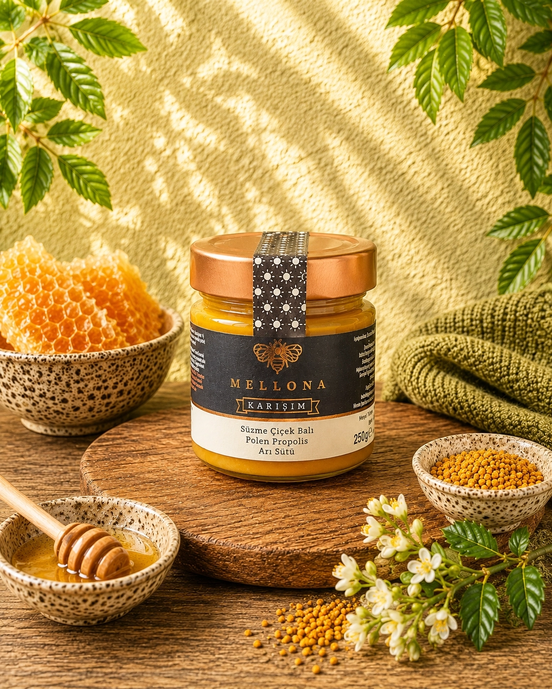 Mellona Karışım 250 gr (Bal, Polen%8,5, Propolis %2,Arı Sütü %4,2,Portakal Yağı)