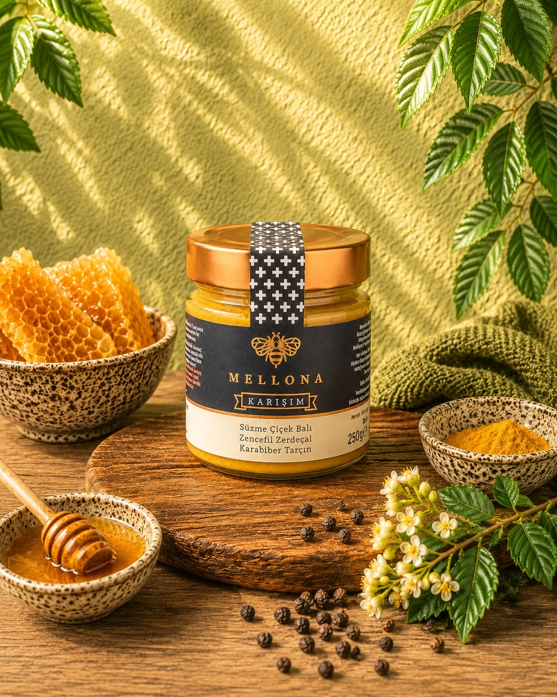 Mellona Karışım 250gr (Bal, Zencefil %1,4, Zerdeçal % 0,7, Karabiber %0,7, Tarçın, %0,7, Limon yağı)